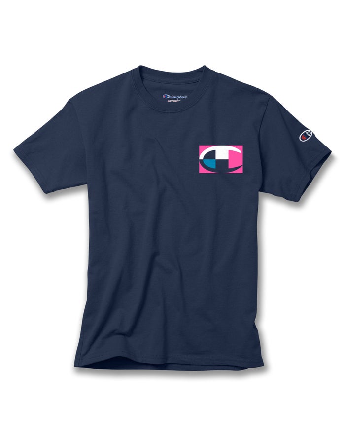 Champion Drenge T-Shirts Mørkeblå - Cotton Retro Colorblock Logos - Danmark TLE-258974